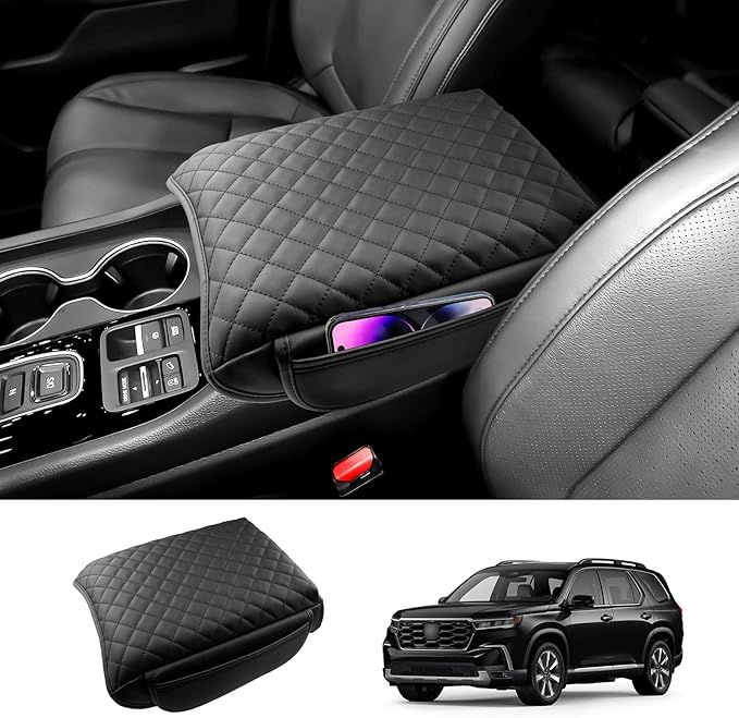 2023-2025 2026 Pilot Center Console Cover for Honda Pilot (LX/Sport/EX-L/TrailSport/Touring/Elite/Black Edition), with Side Pockets, Leather Cushion Armrest Cover 2025 Pilot Accessories -Padded