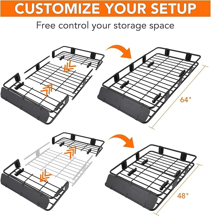 64"x39" Universal Roof Rack Basket with Cargo Bag, Adjustable Steel Roof Cargo Basket up to 200 lbs Capacity, Car Top Carrier for SUV, Truck, and Vehicle Rooftop Storage