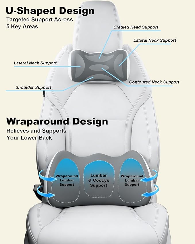 Car Lumbar Support and Neck Support Headrest Pillow Kit, Ergonomic Memory Foam Cushion for Sciatica & Tailbone Pain Relief – Fits Car Seat, Office Chair & Wheelchair