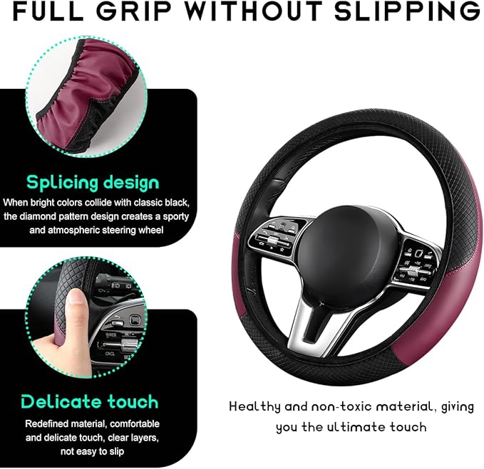 Car Steering Wheel Cover, 15 inch Carbon Fiber Microfiber Leather Elastic Steering Wheel Protector, Breathable Anti-Slip Comfortable Steering Wheel Covers for Most Cars (Wine Red, AD)