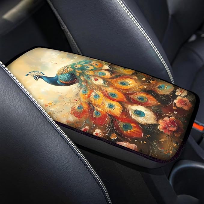 Suobstales Peacock Flower Print Car Armrest Pad Soft Center Console Arm Rest Protector Cover Universal Car Interior Accessories Decoration
