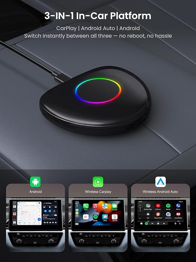 Magic Box - AI Box CarPlay & Android Auto Wireless, 8GB+128GB Android Car Video Box with Built-in 4G/ Wi-Fi/Dual Bluetooth/USB, Built-in GPS & AI, microSD Playback, OTA, Black, CB6D