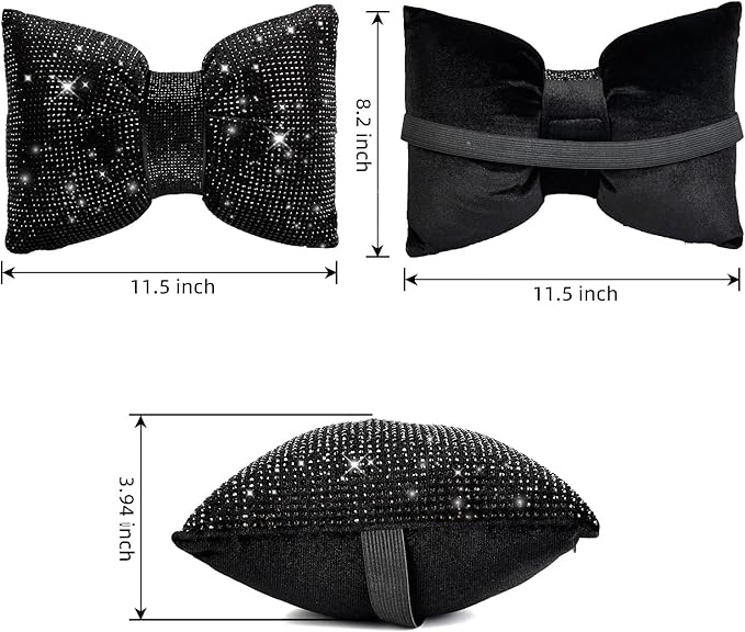 4 PCS Bling Car Pillows,Rhinestones Bowknot Car Headrest Pillow,Car Neck Pillow for Driver Relax Necksupport,Sleeping Travel Support Neck Pillow,Shiny Diamond Interior Accessories for Women,Black