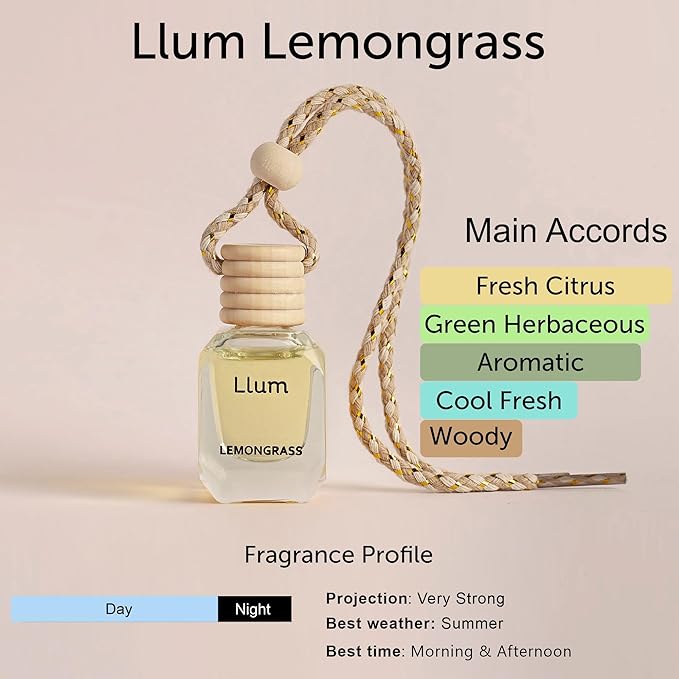 Llum Lemongrass Hanging Car Air Freshener – Luxury Automotive Perfume Diffuser 10ml (0.34 fl oz), Long-Lasting Fragrance, Alcohol-Free Non-Toxic Car Scent, Glass Bottle With Wood Cap