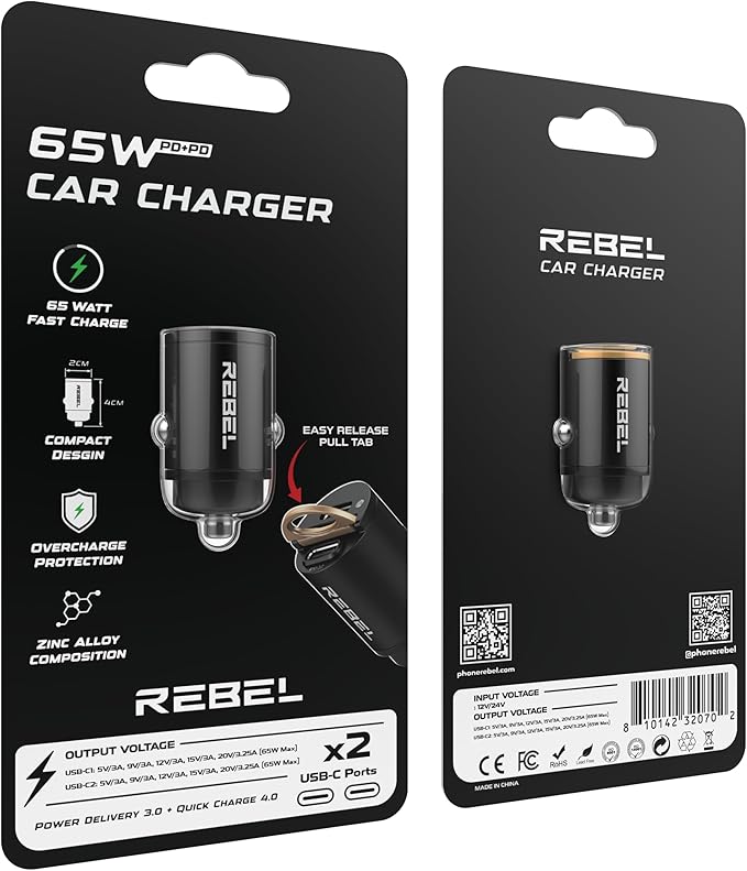 REBEL Dual 65W USB C Fast Car Charger 12V/24V [Smallest Metal Frame] PD65W, QC60W 4.0/3.0, Flush Fit, Cigarette Lighter Adapter for iPhone 17 Pro Max Air 16 Plus 15 14 13 12 iPad, MacBook, S25. S24