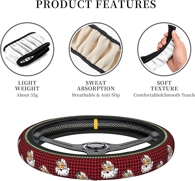 Christmas Steering Wheel Cover Women Men Elastic Stretch Soft Car Santa Wheel Protector Universal Breathable No-Slip Car Accessories for Truck Van SUV Auto Fit 14-15 Inches
