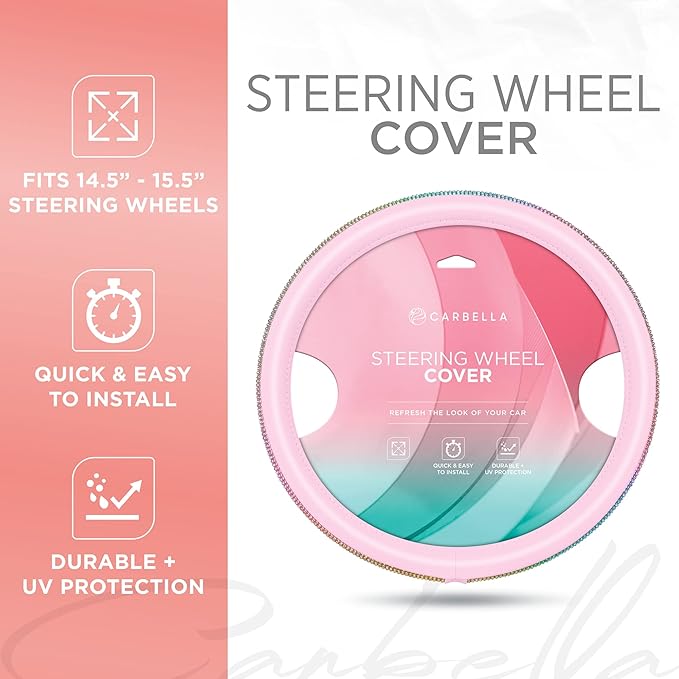 Carbella Pink Diamond Bling Steering Wheel Cover,Standard 15 Inch Size Fits Most Vehicles, Cute Faux Leather Car Steering Cover with Rhinestone Crystal, Car Accessories for Women