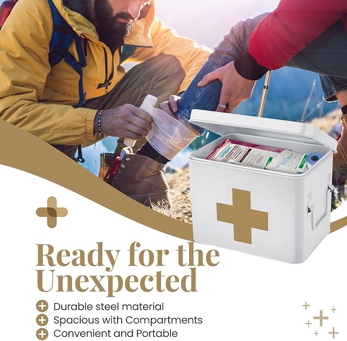 Flexzion First Aid Medicine Box Supplies Kit Organizer - Empty 8" White Metal Tin Medic Storage Bin Hard Case with Removable Tray Black Cross, Vintage Antique Boxes for Home Family Emergency Tool Set