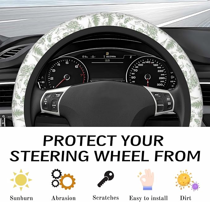 Steering Wheel Cover Accessories Neoprene Cover, Breathable Non-Slip Easy to Install Suitable for Women Men, 14.5-15.5 Inch for Car SUV Van Truck Universal - Green Plants