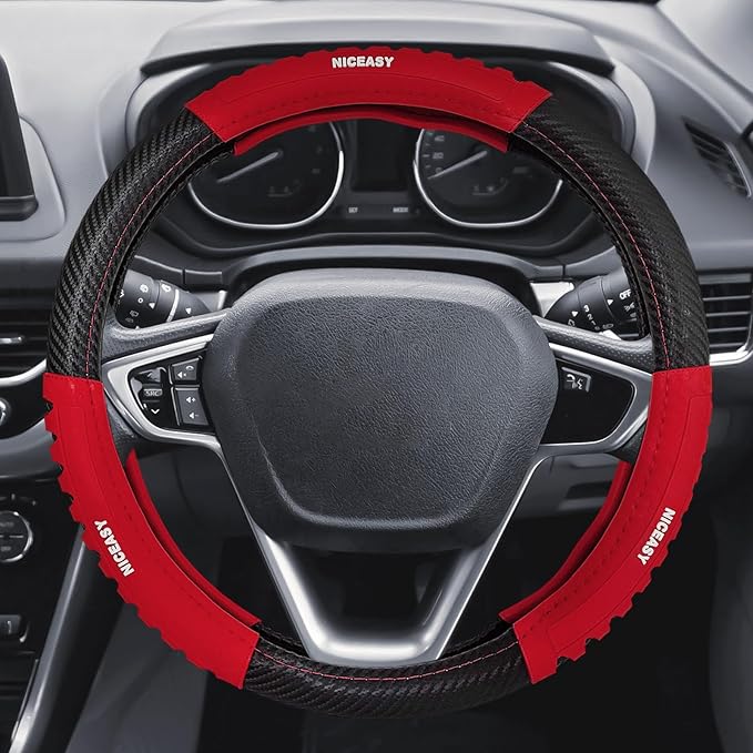 Sport Style Black Carbon-Fiber Steering Wheel Cover with Red Strip Grip Steering Wheel Accessory,Universal Fit 14.75-15 inch Steering Wheel