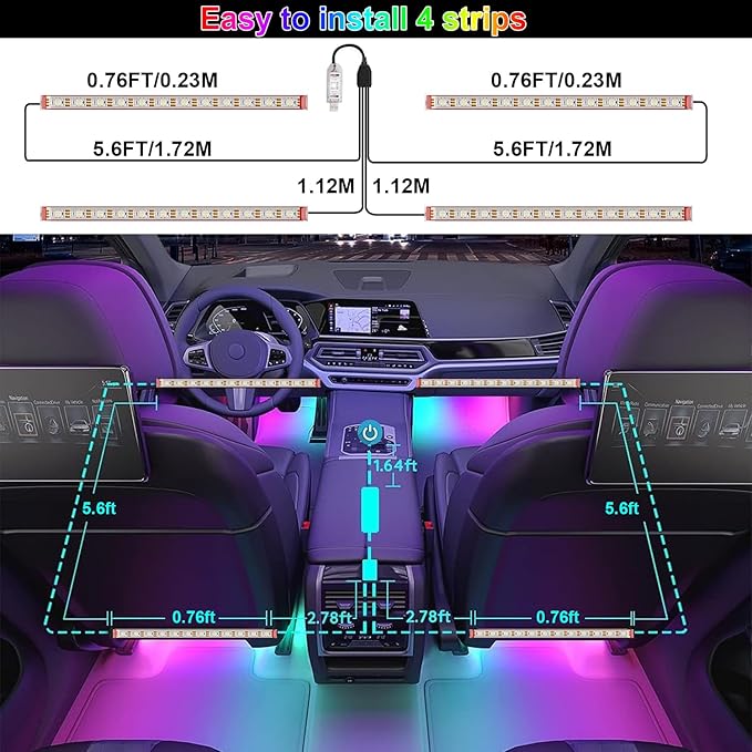 RGB Car LEDs Interior Lights with Smart APP Control,Under Dash Led Lights Kit with DIY Mode and Music Mode,5V LED Strip Lights for Cars, Trucks,Suvs