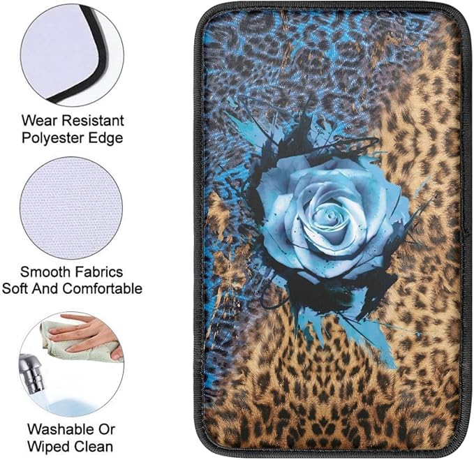 Coldinair Blue Rose Leopard Car Armrest Cover,Auto Center Console Pad,Soft Seat Cover Protector Cushion,Car Accessories Decor for Most Cars,Sedan,Truck,SUV