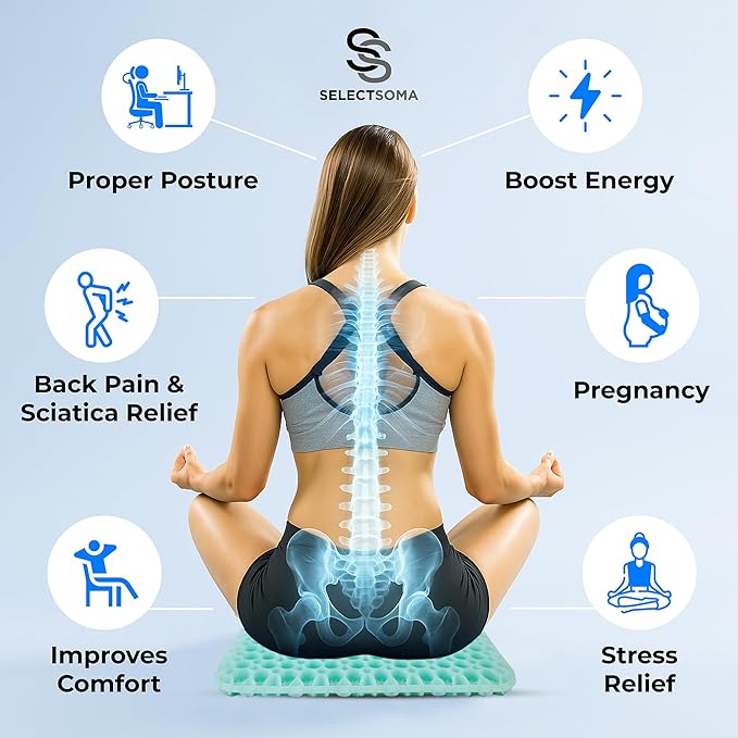 SelectSoma NEW Mint Green Gel Seat Cushion for Long Sitting, Patent-Pending Mold Design, Double-Thick Pressure Relief for Tailbone, Sciatica, Coccyx & Back Pain - Office Chair, Car, Wheelchair, Truck
