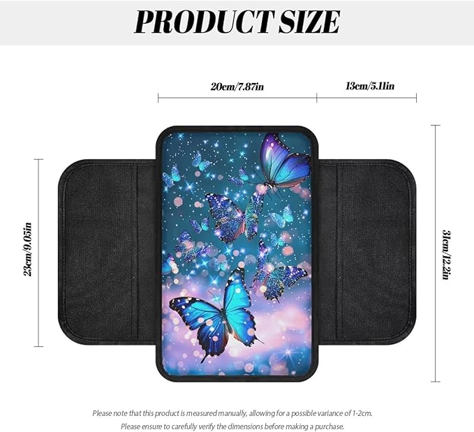 Blue Sparkling Butterfly Print Center Console Covers for Cars Soft Auto Armrest Storage Box Mat Non-Slip Car Armrest Cover Cushion Armrest Cover Center Console Pad