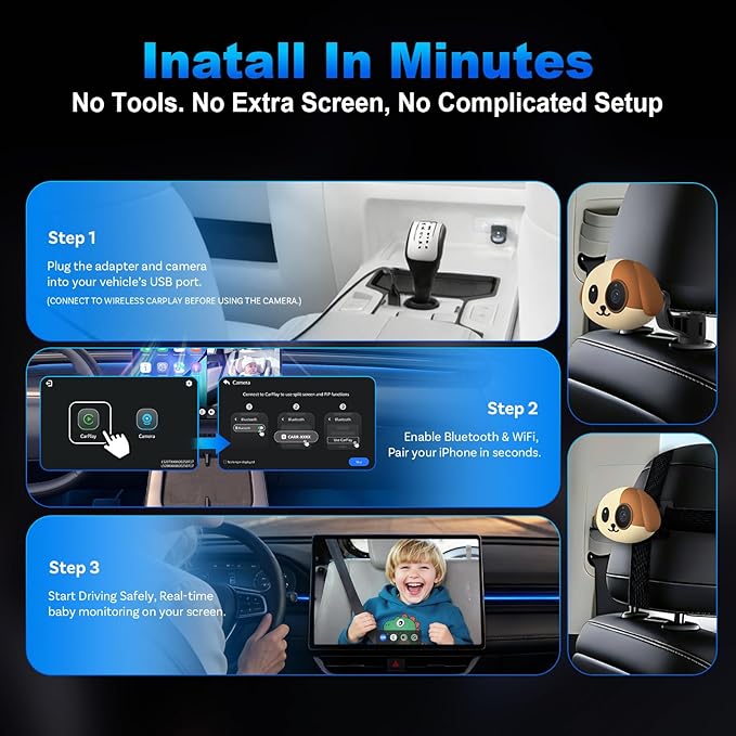 Cabin Care 1080P Baby Car Camera with Wireless CarPlay Adapter for iPhone Only, Real-Time Rear Seat Monitor, 150° Wide-Angle, IR Night Vision, Works with Factory Wired CarPlay (Dog)