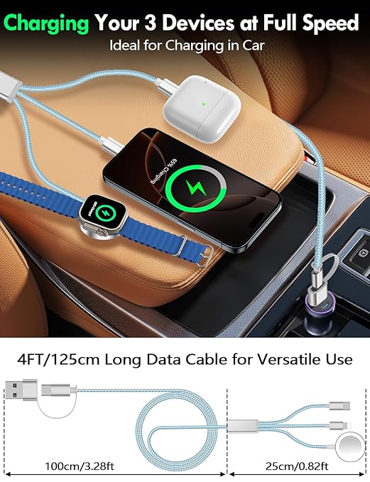 Travel Essentials for Apple Watch Charger,iPhone Charger,3 in 2 Type C/L/Magnetic Fast Charging Cable,Multi Charging Cable Portable Designed for iWatch Series,iPhone 17-11,Galaxy S26-S21,Car-4FT