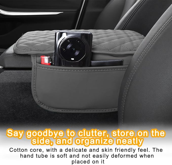 Mandark Car Center Console Cover, Microfiber Leather Vehicle Armrest Protector Cushion with 2 Storage Bags, Auto Interior Arm Rest Seat Box Pad Accessories, Universal for SUV, Sedan, Truck (Gray)
