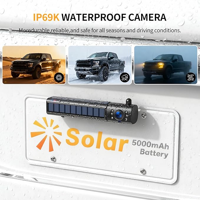 Solar Wireless Backup Camera for Car 5" HD 1080P Monitor 2 Mins DIY Installation 5,000mAh Battery Night Vision 2 Split Screen Back Up Camera Waterproof Reverse Camera for Truck,Pickup,RV,SUV