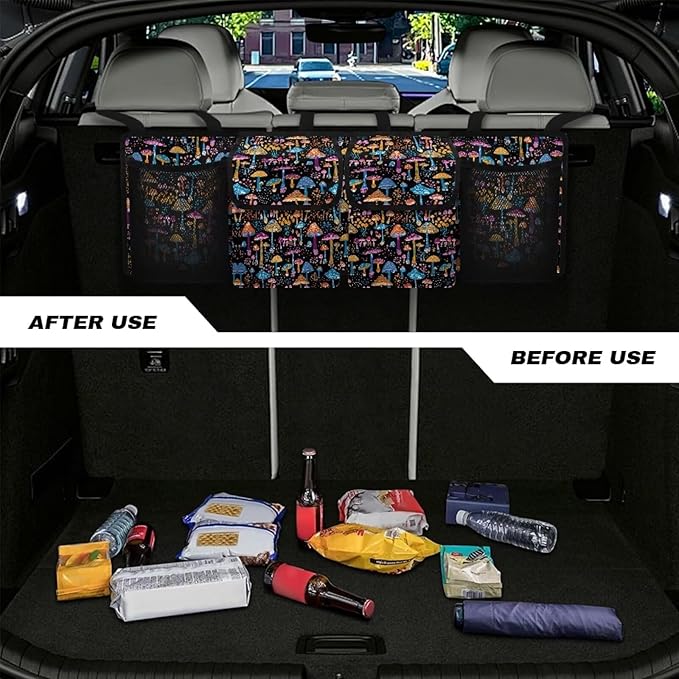 Mushroom Trunk Organizer for Car Storage Organizer with 4 Pockets, Space-Saving Trunk Storage Organizer with 2 Pockets & 2 Mesh Pouches for Groceries,Easy to Clean & Install In All Vehicles