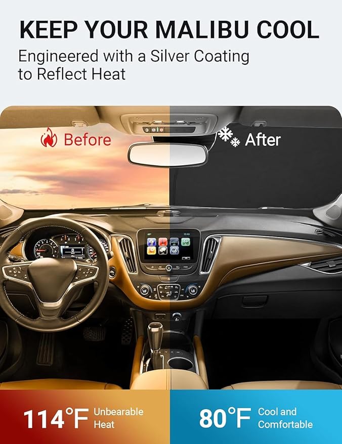 Proadsy 2026 Upgrade Front Windshield Sun Shade Foldable Sunshade Protector Custom Fit 2016-2025 Malibu Accessories