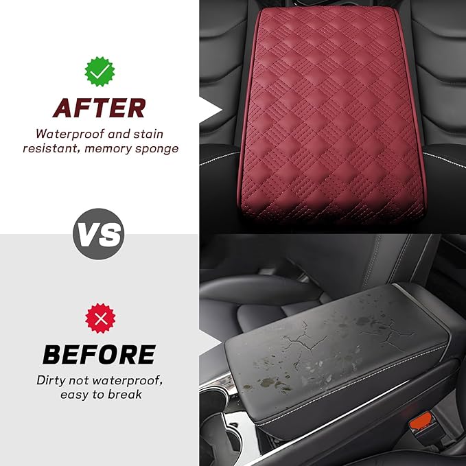 Car Armrest Cushion, 12.2"×8.3" Leather Auto Memory Foam Center Console Pad with Storage Pocket, Waterproof & Anti-Scratch Elbow Pillow Armrest Seat Box Protector, Universal Fit (Red)