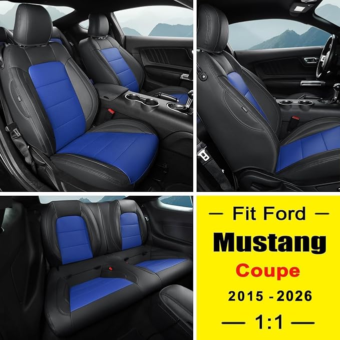 GIANT PANDA Customized Full Set Car Seat Covers Fit Ford Mustang Coupe Hardtop 2015 2016 2017 2018 2019 2020 2021 2022 2023 2024 2025 2026- (Black+Blue)