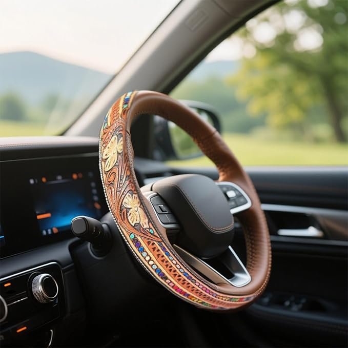 Steering Wheel Cover Western Car Tooled Leather Retro Cowboy Car & Truck Accessory, Universal 15 Inch Non Slip Wheel Cover for SUV, Pickup, Comfortable Grip, Easy to Install (Orange)