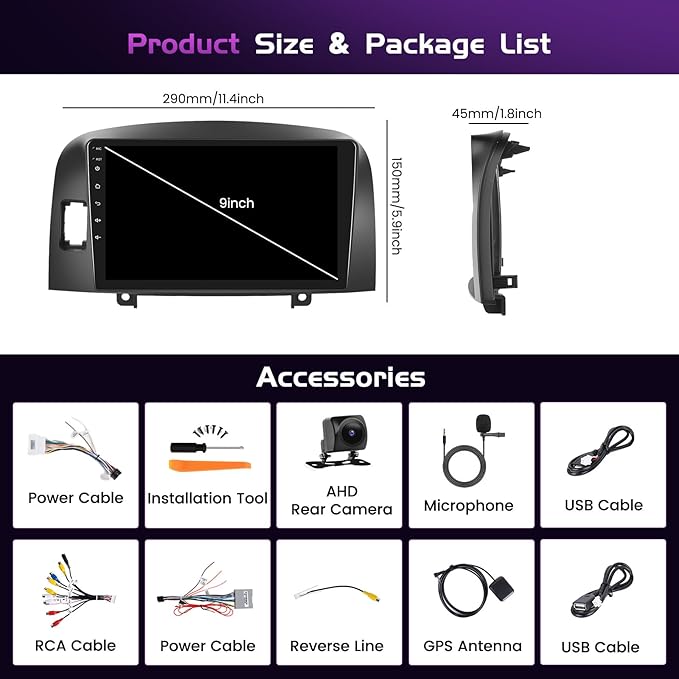 4+64GB Android 15 Car Stereo for Hyundai Santa 2004-2008 Wireless Carplay Android Auto 9" Touch Screen Car Radio Dash Kit with GPS WiFi Bluetooth SWC DSP EQ Mirror Link Backup Camera