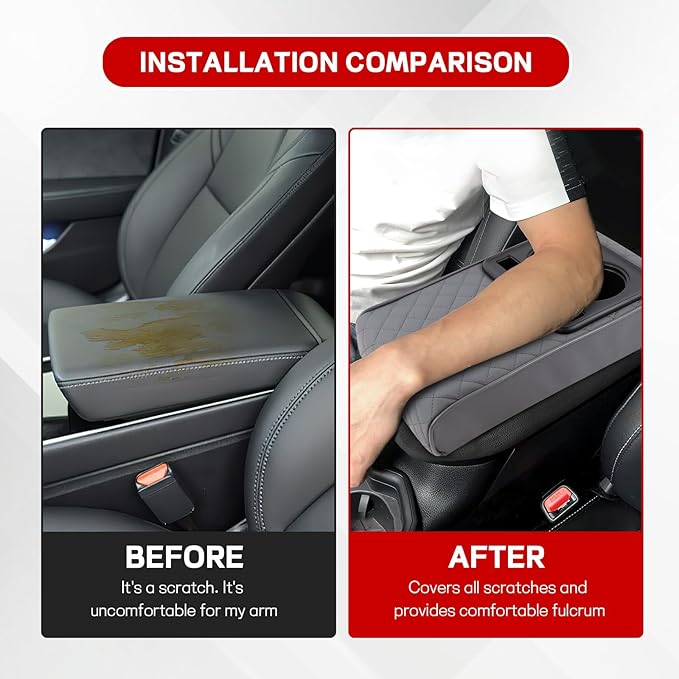Car Center Console Armrest Pillow, 13.19"×7.87" Leather Car Arm Rest Cover, Memory Foam Auto Armrest Cushion with Cup Holder Phone Slot, Universal Vehicle Middle Console Cushion Pad (Gray)