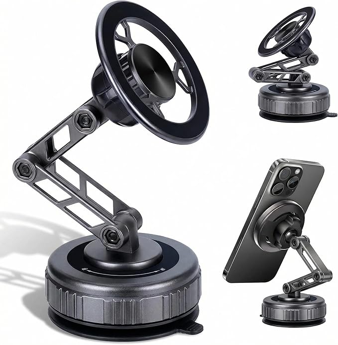 Vacuum Suction Car Phone Mount [80LBS Strong Suction & 3-Section Long Arm] Magnetic Dashboard Holder for Car, 360° Rotation Stand with Metal Ring for iPhone 17 16 15 14 13, Samsung & All Phones