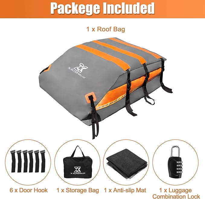 X AUTOHAUX 1000D PVC Waterproof Car Roof Bag Rooftop Cargo Carrier Bag Waterproof Luggage Carriers for Cars with or without Rack Anti-Slip Mat 6 Door Hooks - 15 Cubic Feet