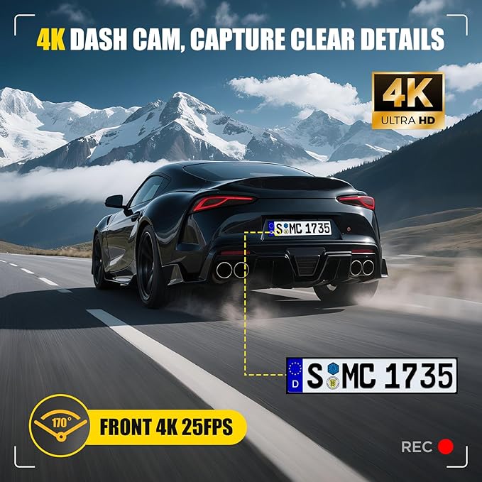 Dash Cam Front 4K, Front Dash Camera for Car with Free 32GB SD Card WiFi Mini Dashcam with APP Control, GPS, Night Vision, Parking Monitoring, G-Sensor, Loop Recording