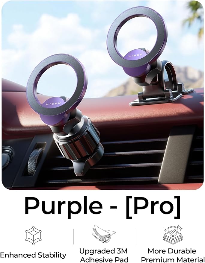 LISEN for MagSafe Car Mount [2026 Strong Magnets] Magnetic Phone Holder for Your Car [Vent&Dash] Magnet Cell Phone Holder Mount Cradle Car Accessories Kits for Men Women Purple