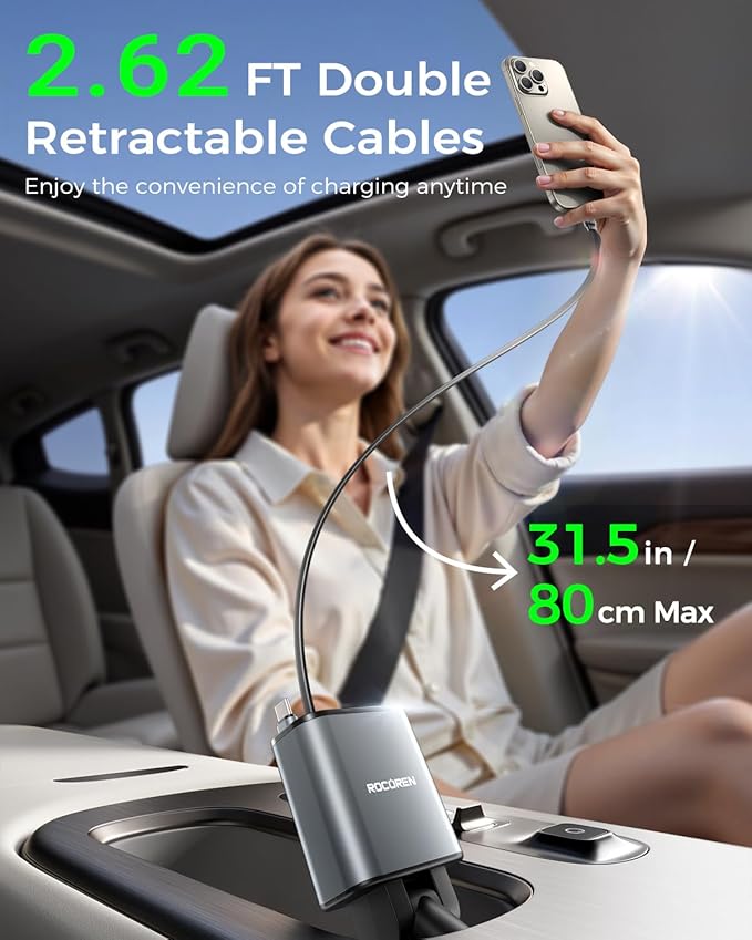 Retractable Car Charger for iPhone 17,Rocoren 4 in 1 USB C Car Charger Fast Charging with Dual 2.62Ft Type-C Cable,69W Car Phone Charger,Road Trip Essentials,Car Accessories for iPhone 16,iPad,Android