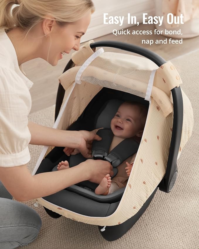 Blissful Diary Baby Car Seat Cover, Extra Large Mesh Window, Breathable Muslin Cotton, Infant Windproof Canopy, Must-Have Baby Gift - Sunshine
