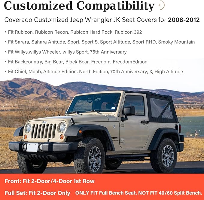 Coverado JK Seat Covers for Jeep Wrangler, Leather Front Seat Covers for Automotive Truck Wrangler Seat Covers Custom Fit for 2008-2012 Jeep Wrangler 2-Door/4-Door, Full Coverage Seat Cushion(Gray)