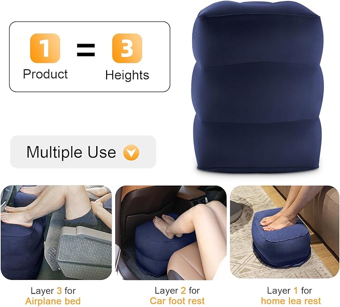 Inflatable Travel Foot Rest Pillow, Kids Airplane Bed, Adjustable Height Leg Pillow for Air Travel, Make a Flat Bed for Toddlers, Great for Airplane, Train, Car,Small Size（Blue, 1 Pack）