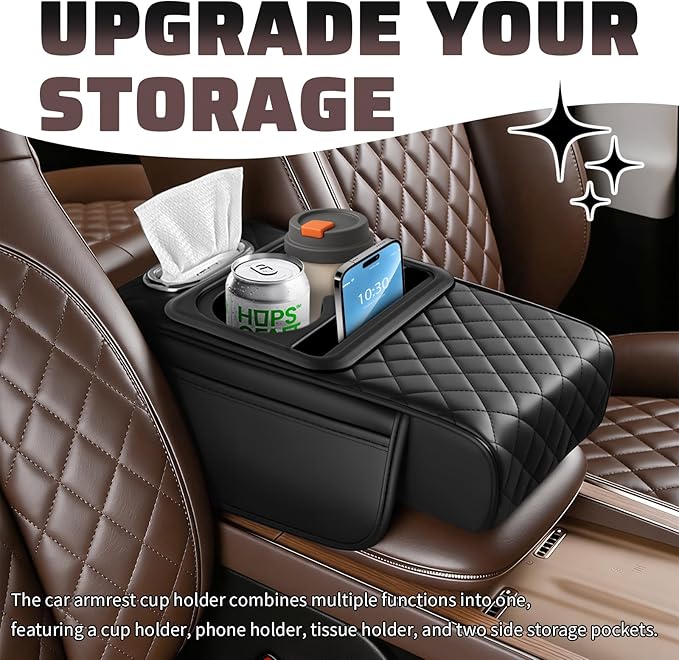 2026 New 5 in1 Car Armrest Storage Box,Multifunctional Leather Car Armrest Box Pad with Cup Holder & Phone Holder & Storage Bag,Comfortable Center Console Cover for Elbow Support
