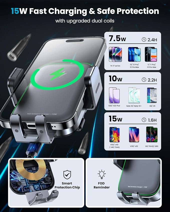 APPS2Car Dual Coil Wireless Car Charger Auto Clamping 15W Cup Holder Phone Wireless Charger Mount Fast Charge Tri-Pivots Height Adjustable Phone Holder Car Truck for iPhone 12-17, Samsung, LG, etc.