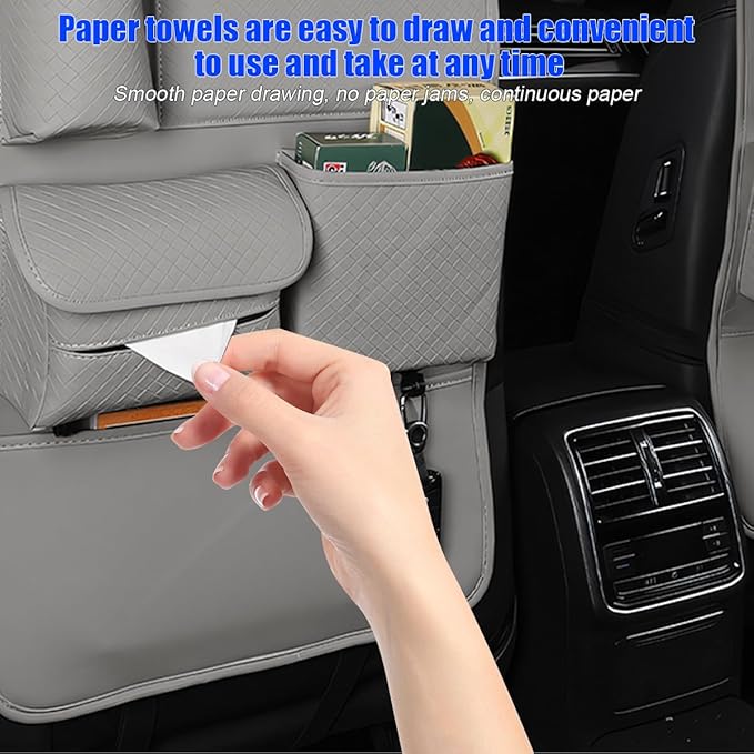 Car Backseat Organizer, 2PCS Leather Woven Multipurpose Vehicle Seat Back Protector with 4 Storage Pockets & Hook, Waterproof Automotive Kick Mat, Universal for SUV RV Truck (Gray)