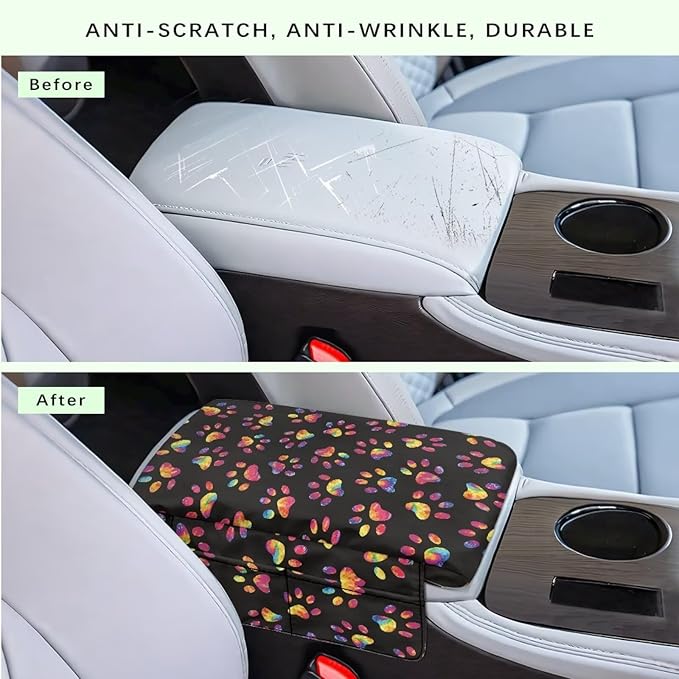Dreaweet Tie Dye Dog Paw Arm Rest Cover for Car Women Thick Center Console Cover with Pockets Soft Comfortable Car Armrest Cushion Universal Console Covers for SUV Trucks Sedan