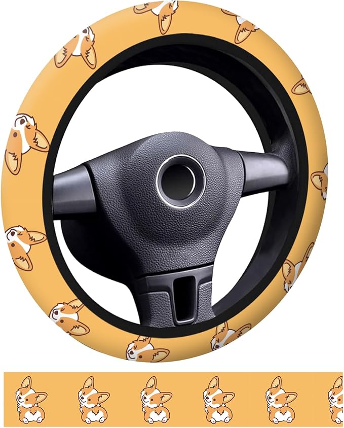 Car Steering Wheel Cover, Universal 15 Inch Neoprene Non-Slip Steering Wheel Covers, Funny Car Accessories for Women Men Fit Auto, Suvs, Truck Cute Yellow Corgi Dog