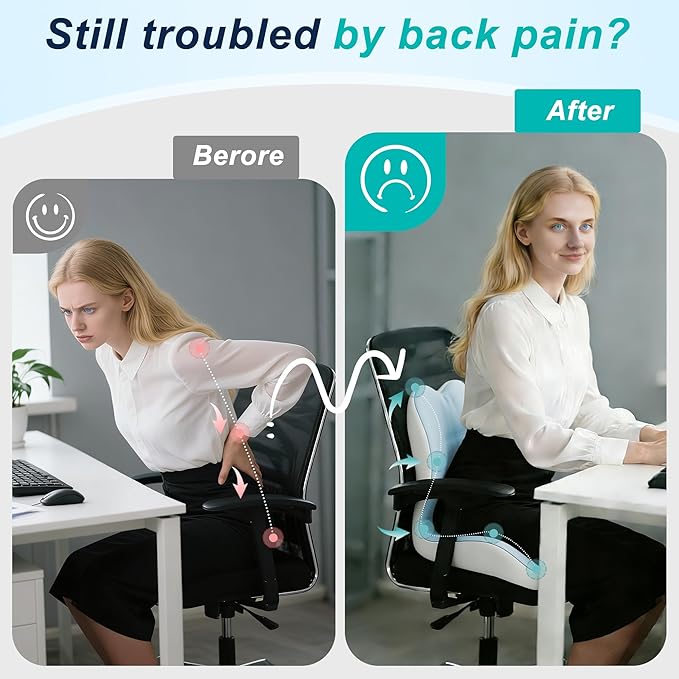 Seat Cushion for Office Chair and Car, Lumbar Support Pillow for Office Chair, Memory Foam Ergonomic Seat Cushion for Long Sitting, Back & Tailbone Pain, Sciatica - Blue & Gray