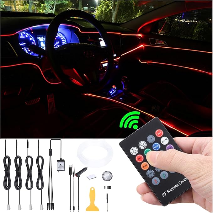 Car Ambient Lighting Kit 8 Colors Multicoloured Music Optic Fiber RF Remote Control Car DIY Decorative Atmosphere Lighting DC 12V 1W 5m