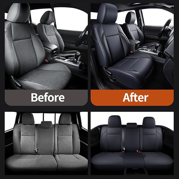 Fit Tacoma Car Seat Covers for Toyota Tacoma 2016-2023 - Upgraded Premium Waterproof & Breathable Leather, Airbag Compatible, All-Weather Seat Cushion Protector (Full Set, Black)