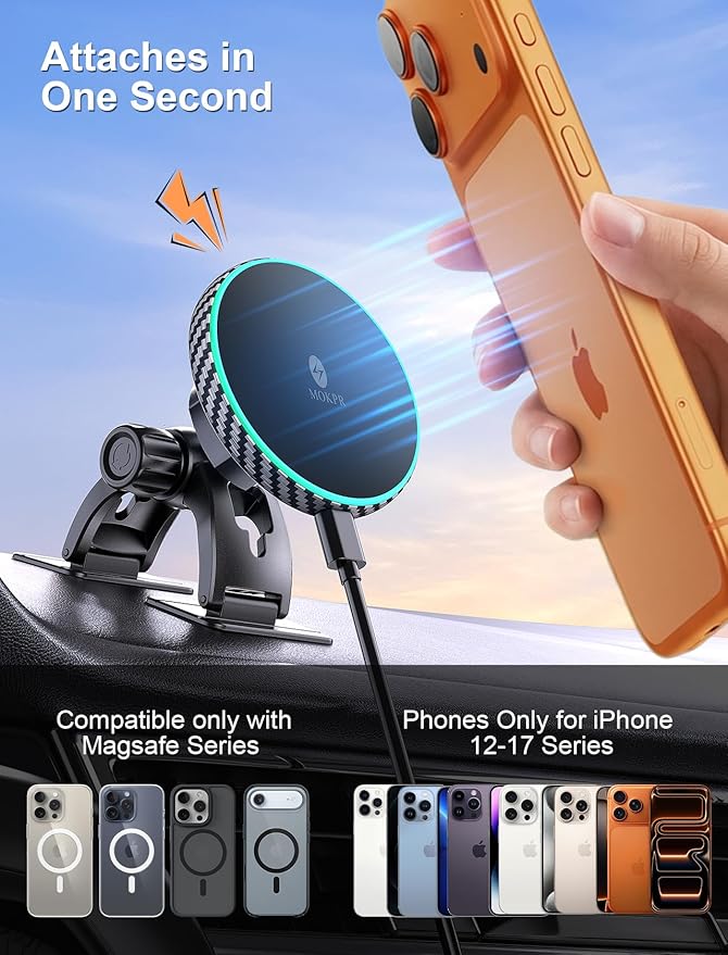 MOKPR for iPhone Magsafe Car Mount Charger, Wireless Car Charger Magnetic Car Phone Holder for Dash Air Vent-LED HandsFree Car Mount Fast Car Charger for iPhone 17/16/15/14/13/12 Carbon Firber