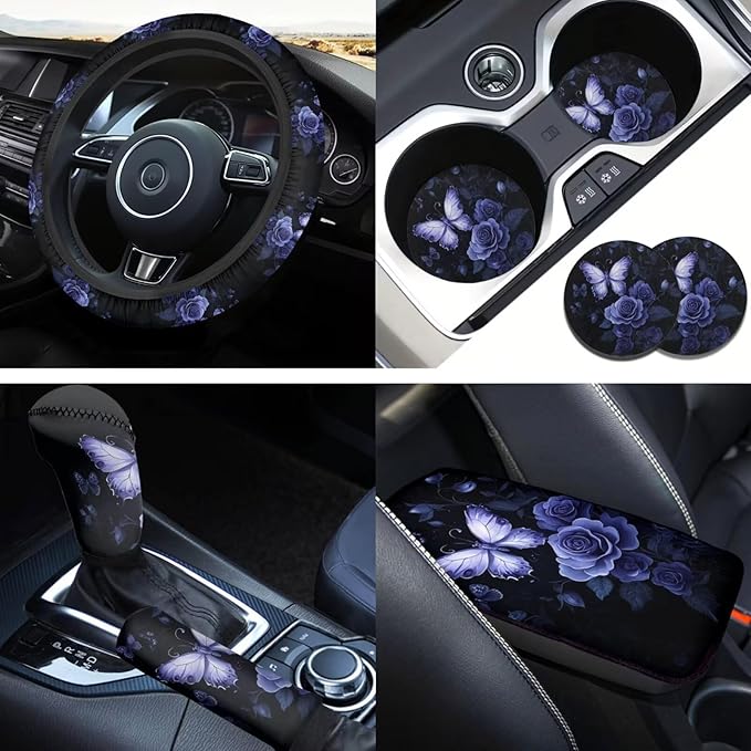 White Butterfly Steering Wheel Covers Set for Women Rose Flower Cup Coaster Armrest Cover Handbrake Gear Cover Suit for Most Cars Truck Vans SUV