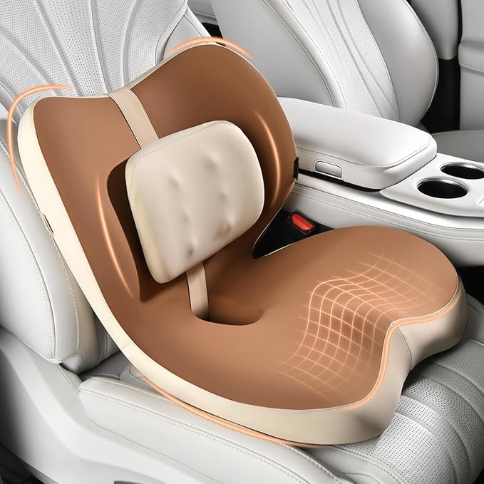 FLORICH 2 in1 Truck Seat Cushion and Lumbar Support Pillow Memory Foam Car Seat Cushion with Adjustable Strap for Truck Driver Long Drives, Fits Semi Truck Seat,Car,Office&Gaming Chair(Brown)