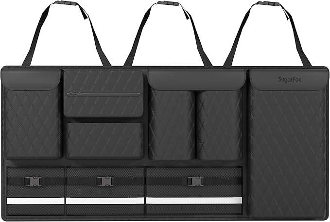 Backseat Hanging Organizer with Large Storage Bags | PU Leather, Large Capacity | Adjustable Straps, Waterproof & Collapsible | Universal Fit for SUVs, Sedans & Trucks | Black, 37.8" x 18.1" - P810