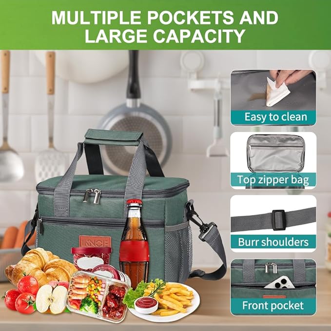 iknoe Insulated Lunch Bag, Foldable 8.5L Cooler Bag for Men & Women, Leakproof Thermal Design, Great for Office, Picnic, Travel, Lunch Box, Grayish green